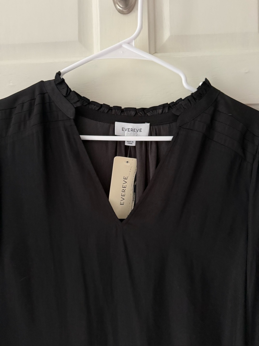 NWT Evereve Womens Black Blouse with Ruffled Details - Tailored Satin Blouse